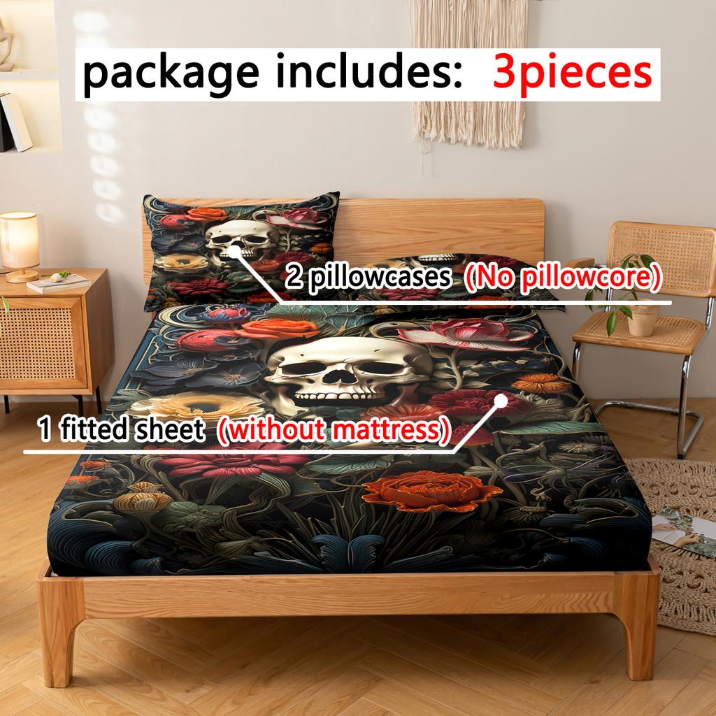 3-Piece Simple Modern Skull Animal Pattern Digital Printing Three Piece Fitted Sheet Set, Bedroom Printed Bed Cover Set, Bedding