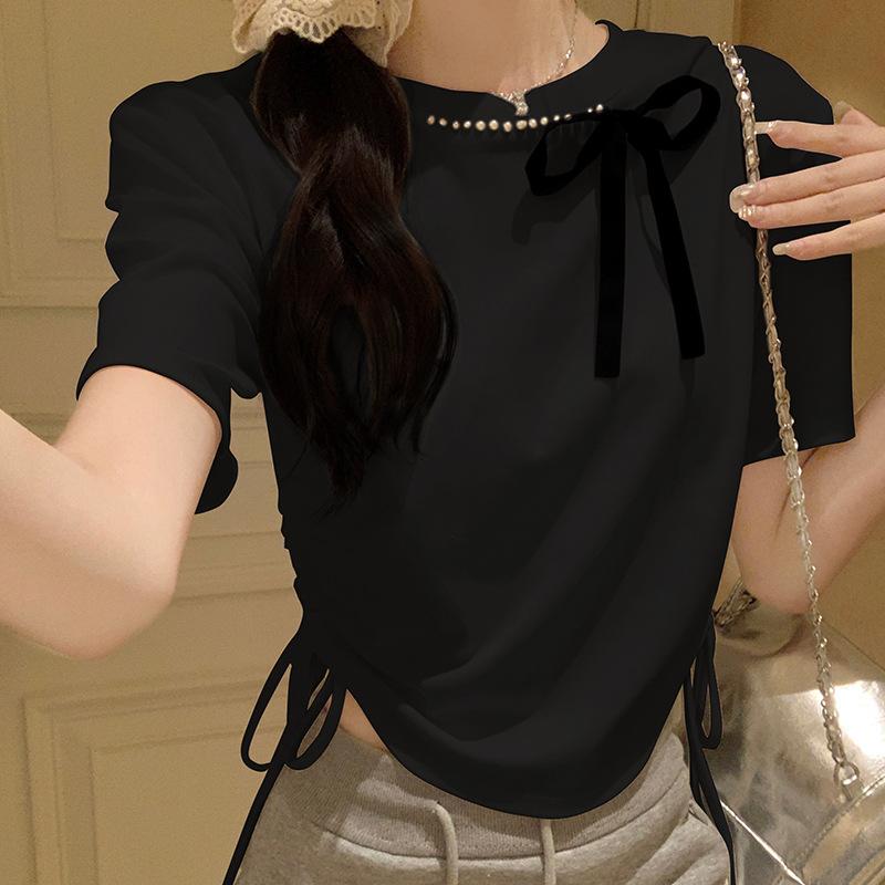 

Футболка с короткими рукавами и прямыми плечами, украшенная бисером и бантом, для женщин, новый плиссированный облегающий топ с завышенной талией S