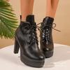 Schwarze Schnürung Super Hohe Absätze Stiefeletten Damen Mode Dicke Absatzschuhe Leder Kurze Stiefel Mujer Klobiger Plateau Stiefel 36-43