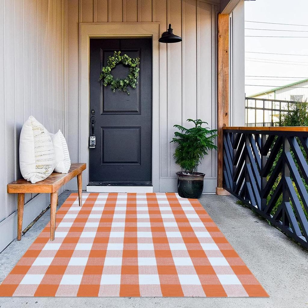 Cotton Orange and Black Plaid Rug Ft Fall Outdoor Front Door Mat for Mats Carpet Porch Entryway Autumn Halloween Decorative
