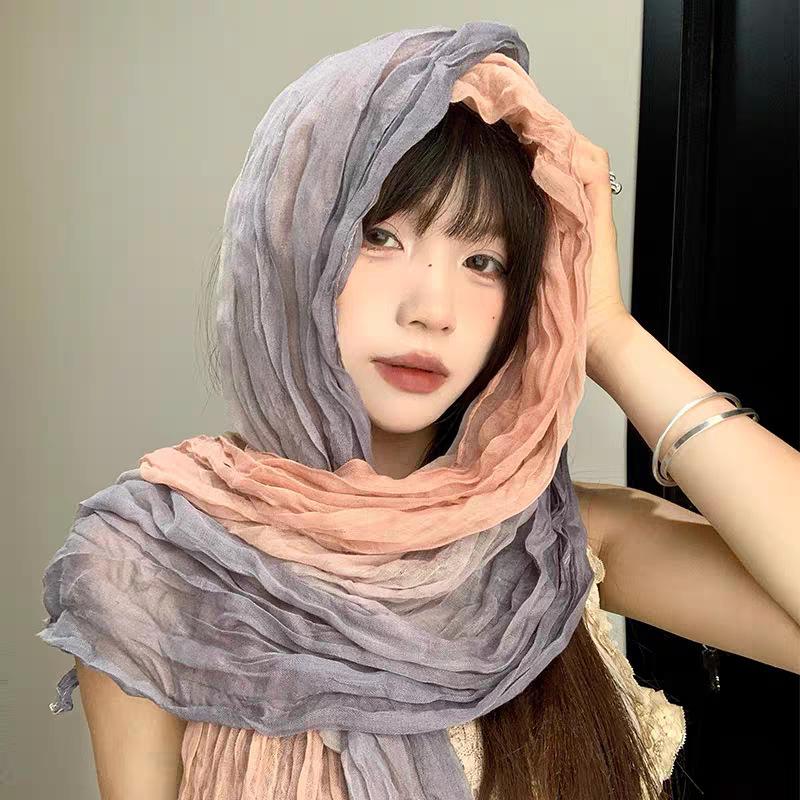 Ethnic Style Silk Scarf Female Wasteland Style Linen Fold Gradual Change Headscarf Desert Concave Shape Spice Girl Scarf Shawl