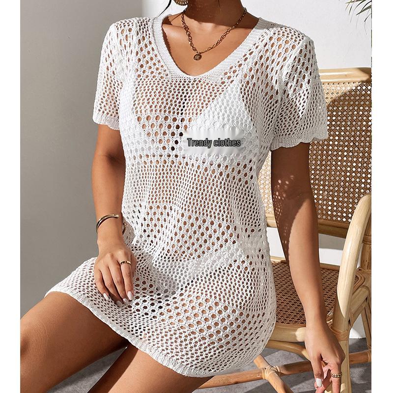 European & American Women's Sexy Hollow Short-Sleeve Bikini Cover-Up Sun Shirt