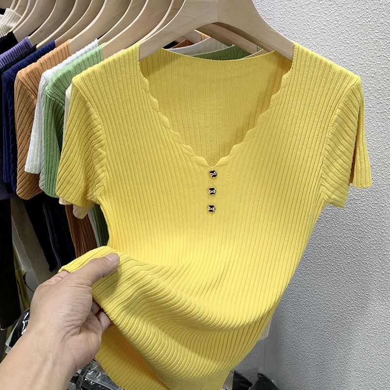 

HNXC Ice Silk Short-sleeved T-shirt for Women, A Stylish and Slimming Short White V-neck Knitted Sweater with A Half-sleeve Top for Summer XXXXXXL