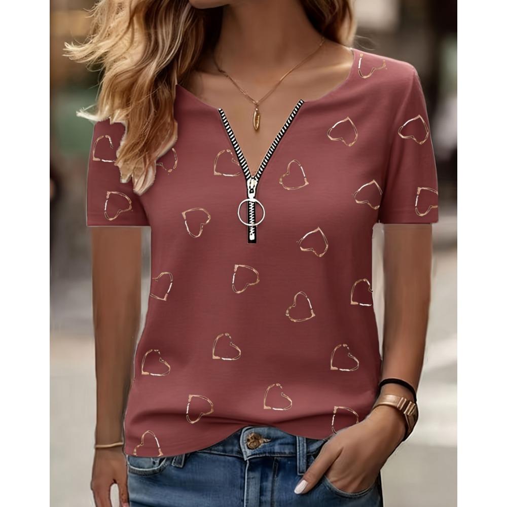 Fashionable and Elegant Zipper V-neck Color Blocked Printed T-shirt, Plus Size Women's Short Sleeved Summer Loose T-shirt