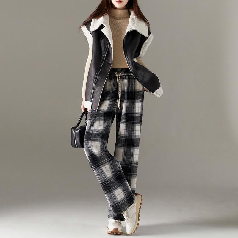 Demana Women's Fleece-Lined Plaid Wide-Leg Pants