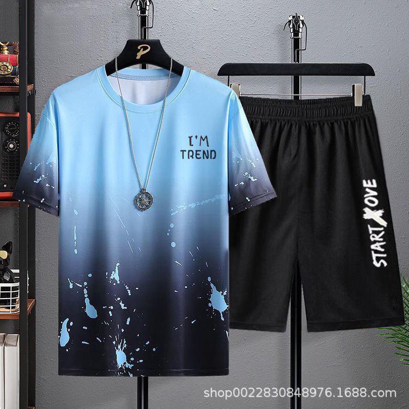 

Men Sport Suit Short Sleeve 2Pcs/Set 2025 summer Casual Beach Shorts Outfit Ice Silk Joggers Set Men Gradient Color T-shirt Top XL