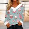 Top casual alla moda da donna a maniche lunghe con stampa natalizia e colletto in flanella