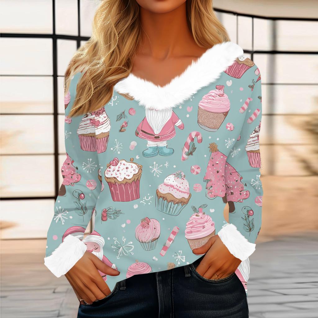 Top casual alla moda da donna a maniche lunghe con stampa natalizia e colletto in flanella