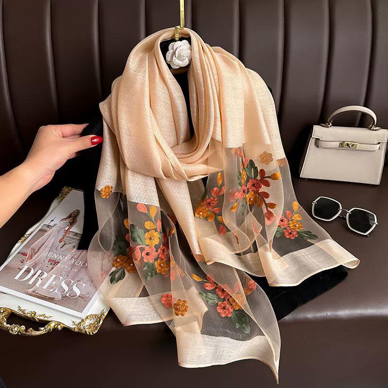 Floral Embroidery Elegant Silk Scarf Simulated Silk Soft Thin Shawl Scarf Solid Color 180*70Cm Beach Uv Protection Turban