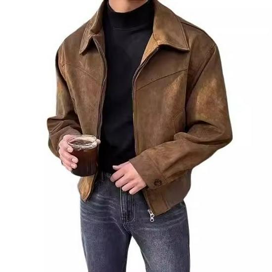 

Korean Men s Suede Flight Jacket - Autumn/Winter, Loose Fit, Turn-Down Collar, Zippered, Hong Kong Style XXXL коричневий