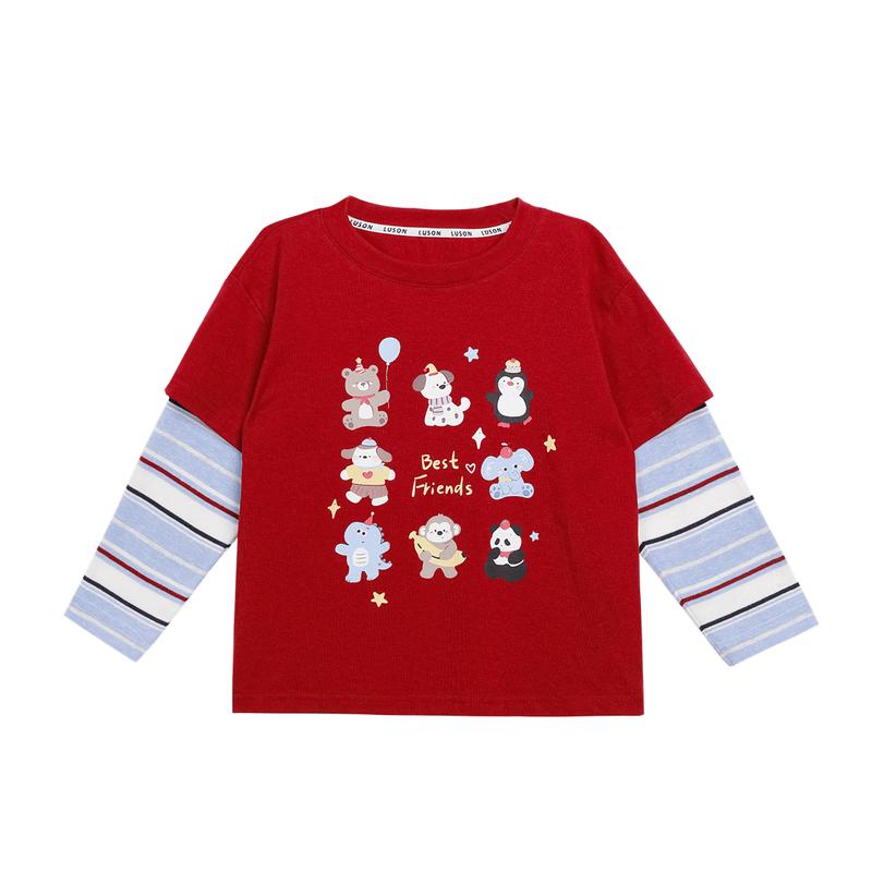LUSONBABYLUSON Baby Boys' Cartoon Long-Sleeve Faux Two-Piece T-Shirt