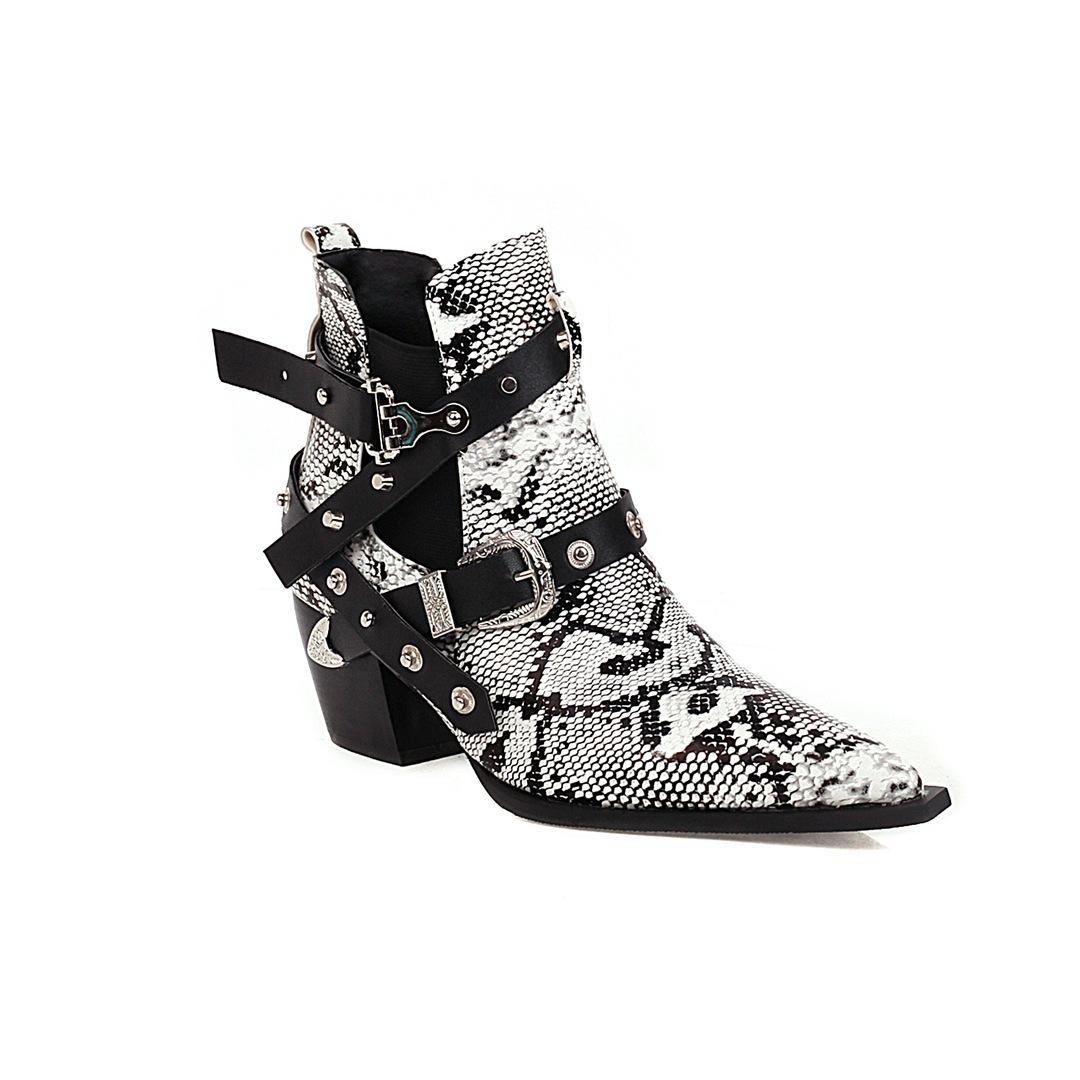 

Мода 40-45 Размер плюс сексуальный змеиный узор стрейч ботфорты на высоком каблуке челси ботильоны с острым носком пряжка ремня ботильоны женские 2025 4.5 белый
