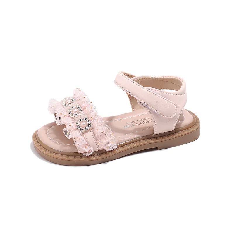 Little Girl Sandal Sweet Lace Pleated Kid Summer Princess Flat Sandals Fashion Pearl Children Causal Wedding Party Dress Sandals