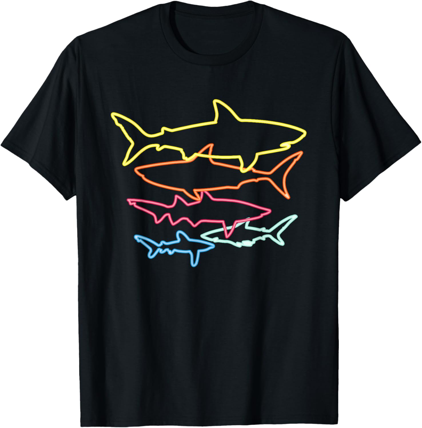 Neon Shark Outline Retro 80s Style Graphic TShirt Unisex Women Summer Sports Tee L