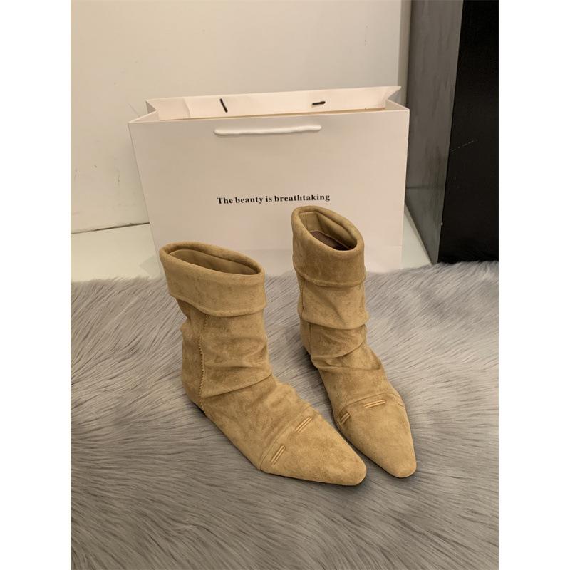 Niche design foldable two-wear pointed boots 2025 early autumn new versatile pleated piled boots knight boots women