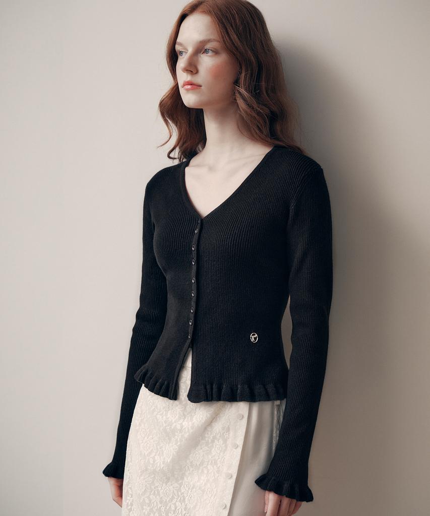 Rolarola V Neck Ruffle Cardigan Black