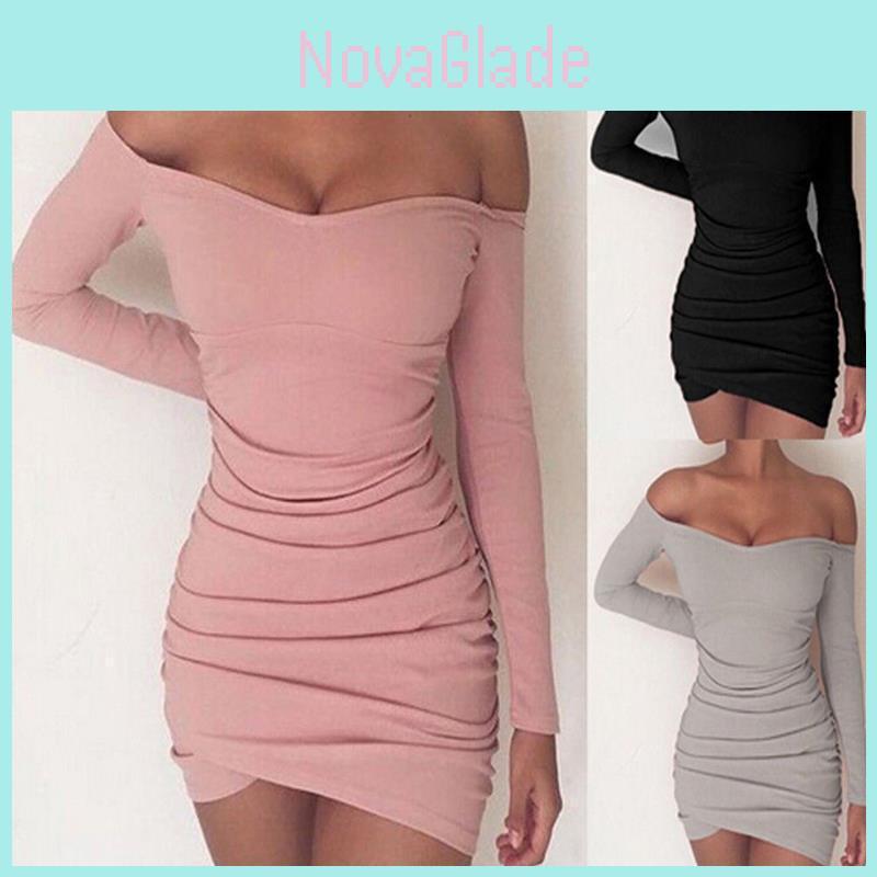 Elegante Dames Lange Mouwen Off Shoulder Avond Cocktailfeest Club Bodycon Mini Jurk Us