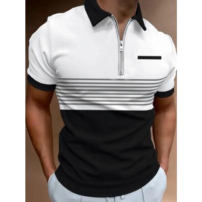 Chemise à manches courtes et col zippé pour homme, imprimé à rayures et blocs de couleurs tendance, idéale pour l'été au quotidien.