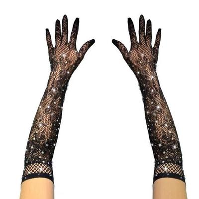 Neue Netz-Langhandschuhe Glitzer-Strasssteine Cosplay Fischernetzhandschuhe Punk Hip Hop Partykleid Performance-Handschuhe Party