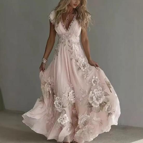 Summer Floral Maxi Dress for Women Short Sleeve V Neck A-line Swing Dress Floral Printed Beach Vacation Sundress