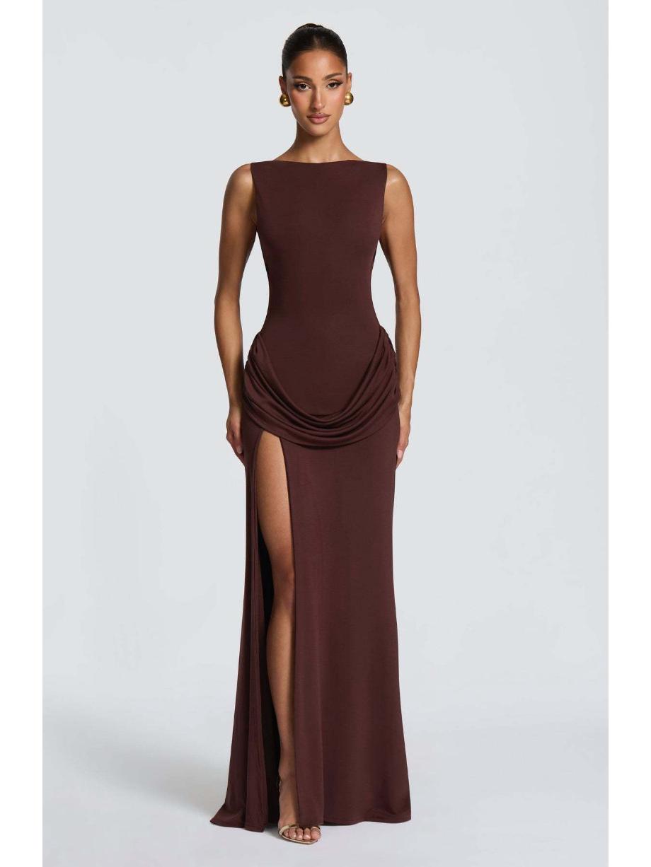 2026 Spring European & American Style Sexy Sleeveless Slim Fit High Slit Long Dress S кофейный