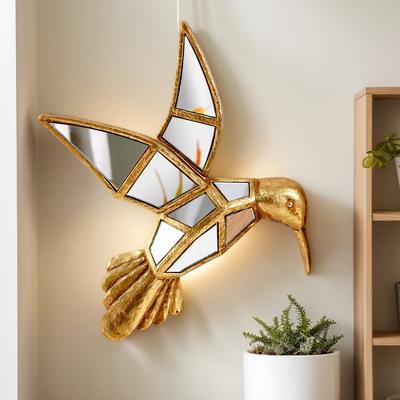 Golden Hummingbird Wall Mirrors Room Decoration Handcrafted Resin Bird Sculpture with Mirror Wings Gallery Handicraft Home Decor