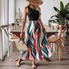 Women's Patchwork Striped Print Wavy Edge Long Crew Neck Sleeveless Dress