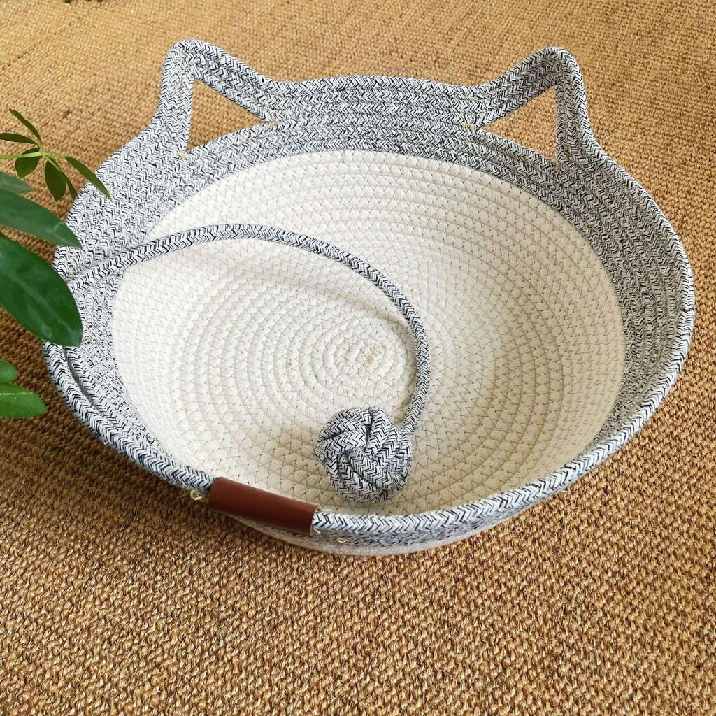 Handwoven Cotton Rope Cat Bed - Breathable & Easy to Clean, Foldable Scratchable Hammock with Cat Ear and a Playing Ball for Cat