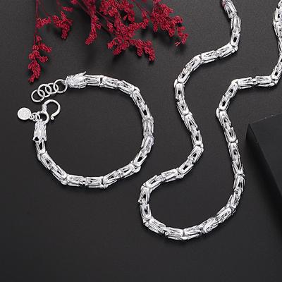 Versilbertes Halsketten-Set S925 Silber Armband-Set 925 Versilbertes Herren-Gitterkette Doppelkopf-Armband-Halsketten-Set
