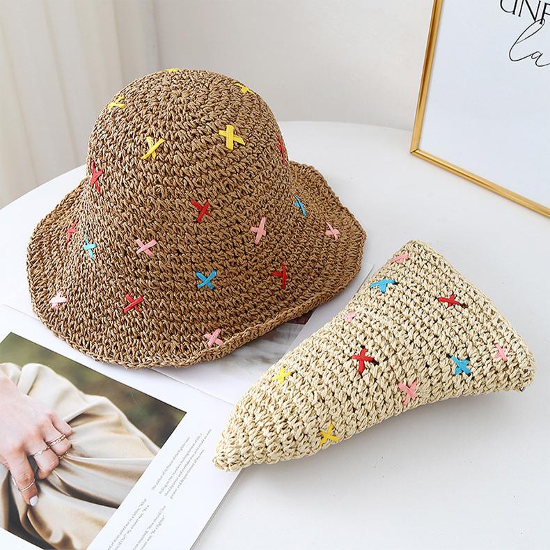 Sweet Color Woven Straw Hat Women's Summer Seaside Beach Hollow Crochet Sunscreen Hat Vacation Big Brim Sun Hat