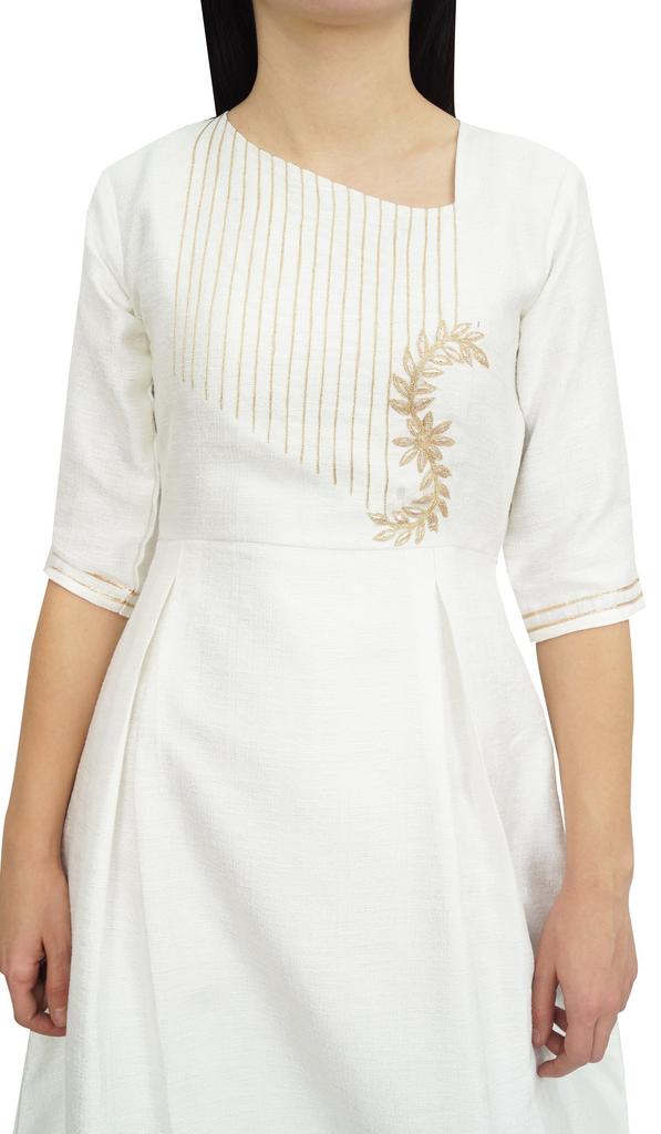 Atasi Ethnic White Zari Work Dupion A-Line Kurti Indian Women's Suit Clothing -