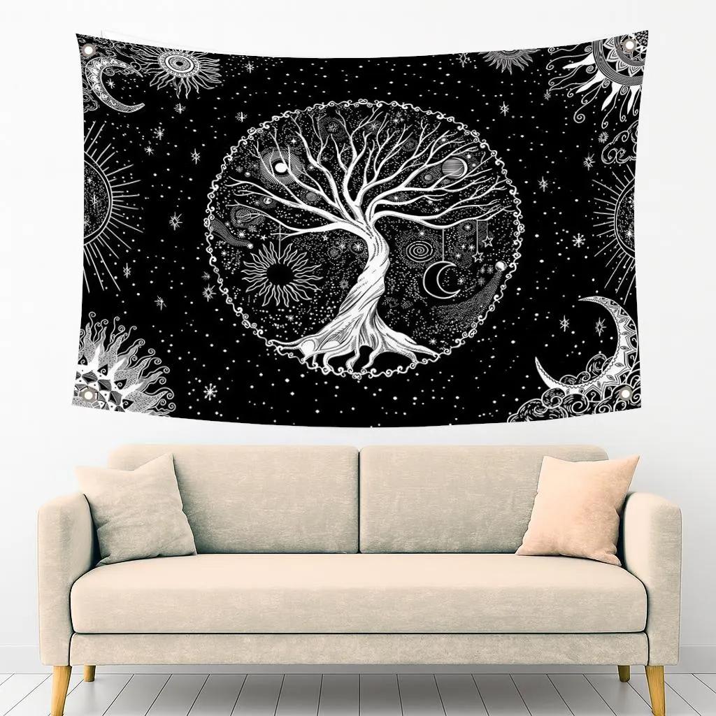 Black White Starry Tree Tapestry Single Sided Print Artistic Durable Wall Decor Home Dorm Room Yoga Area Calming Vibe Decor Gift 74x94cm(29x37in)