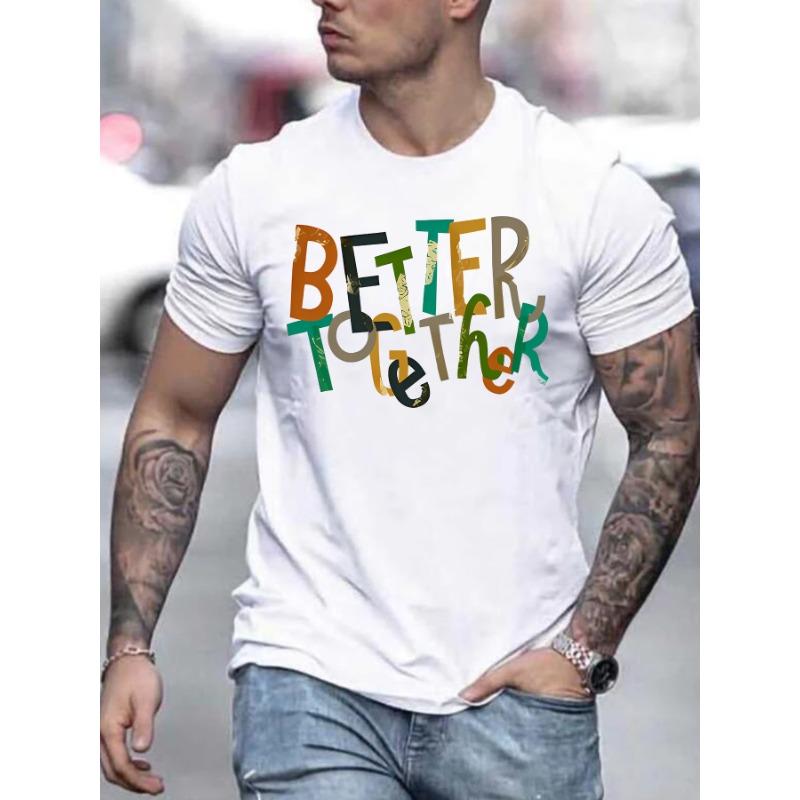 

Men Summer Short Sleeve T-Shirt with Letter Print - Casual Round Neck Breathable Top Suitable for Summer Wear, Machine Washable S белый