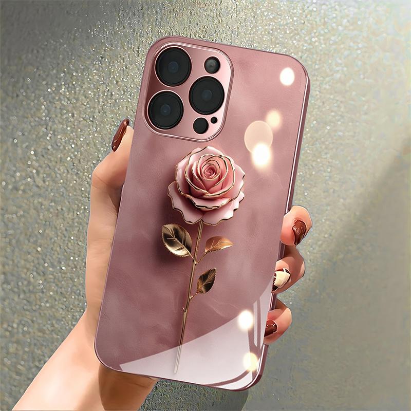 Cute Pink Rose Pattern Metallic Tempered Glass Phone Case For iPhone 17 Pro Max 16 15 14 13 12 11 Pro 15 Plus 17 Air 17E Cover