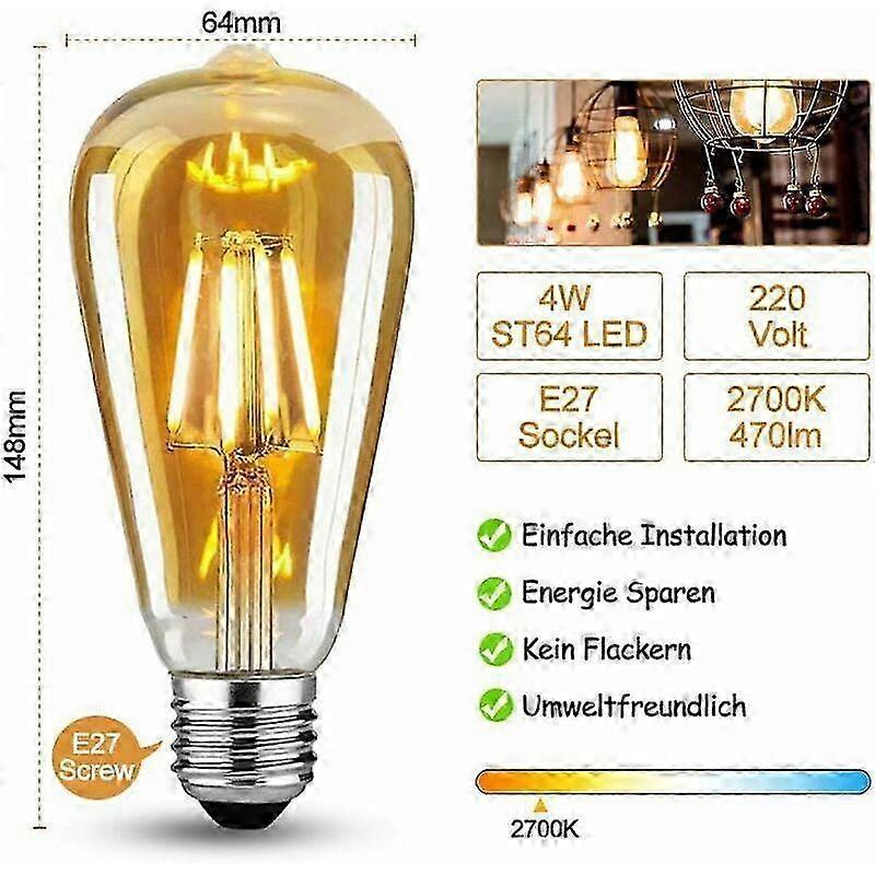 2026 Set of 6 Incandescent Bulb Edison Vintage E27 Bulbs, 4 W, Warm White