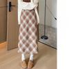 Women's Winter Fleece Lined Plaid Pencil Skirt High Waist Tummy Control Wrap Midi Skirt