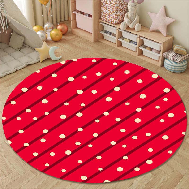 Round Area Carpet Red Diagonal Stripe Cream Polka Dot Abstract Minimal Living Room Decor
