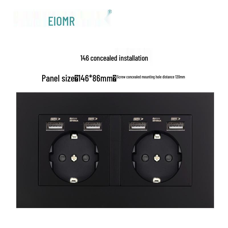 Black 16A German Standard Socket Panel with Double USB + Type C, Concealed European Installation