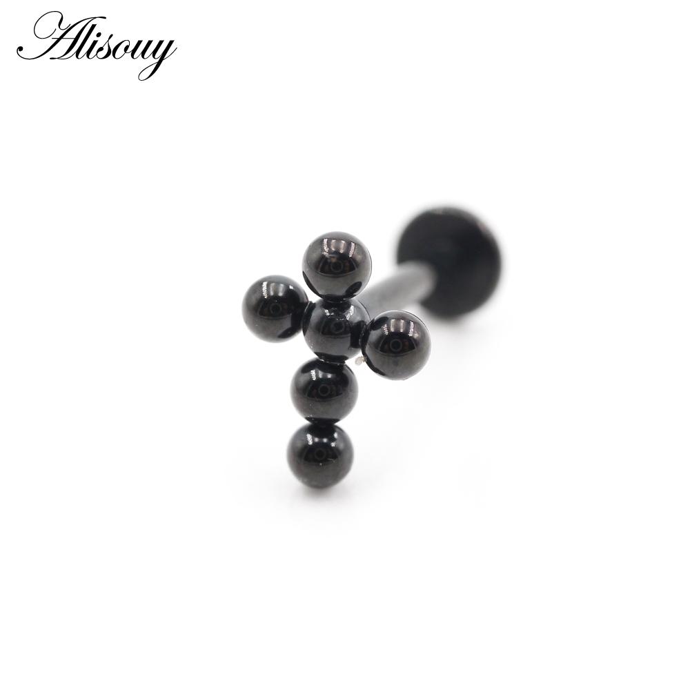 Alisouy 1PC Stainless Steel Cross Ball Threaded Ear Tragus Helix Labret Lip Rings Cartilage Stud Earrings Piercing Body Jewelry