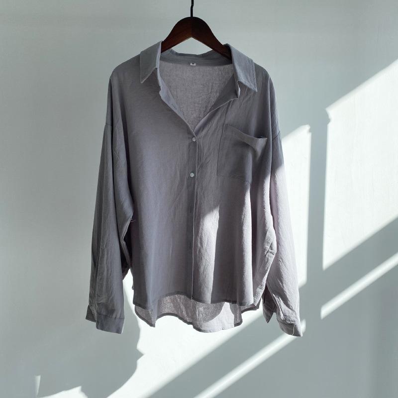 Womens Pink Solid Color Loose Shirt Casual Lapel Button Down Blouse With Pocket