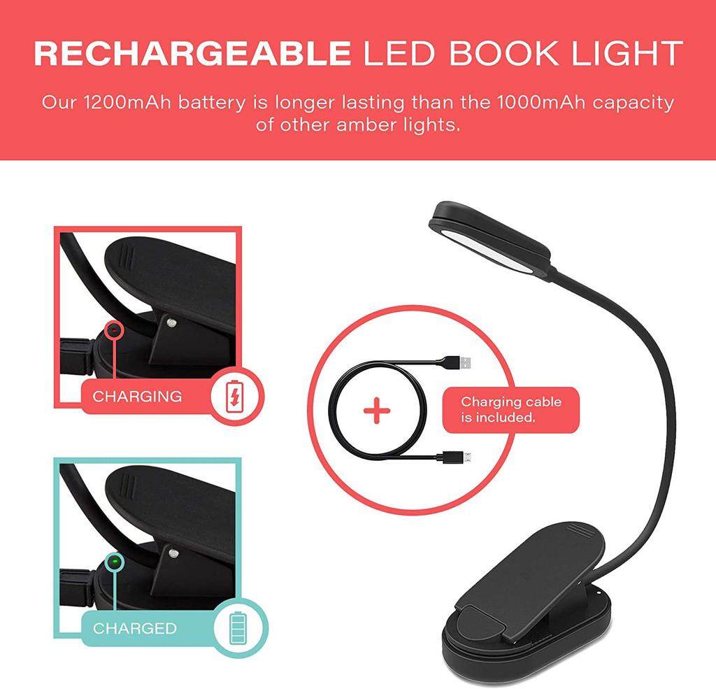 Lightweight Rechargeable 9 LED Amber Book Light  3 Color for Reading in Bed Eye-Care Clip-on Reading Light up to 80 Hours