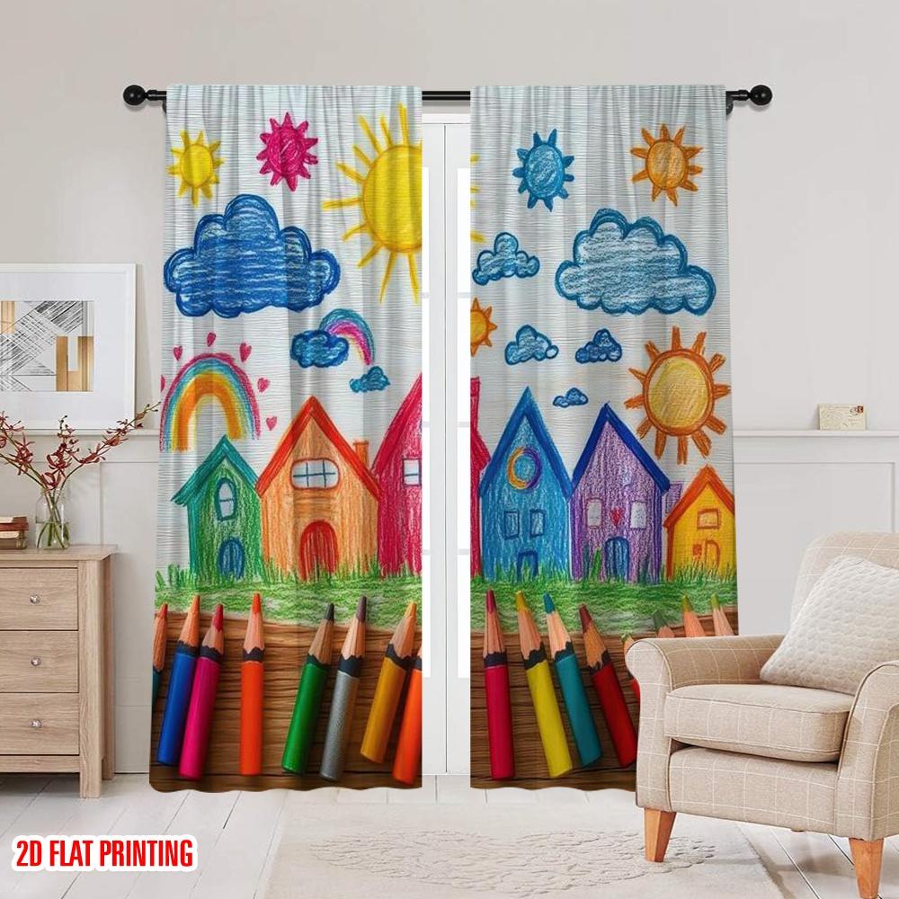 2D flat printing 2pcs Back to School Party Theme Curtain Includes colored crayons_ pencils_ fun school patterns and happy clouds