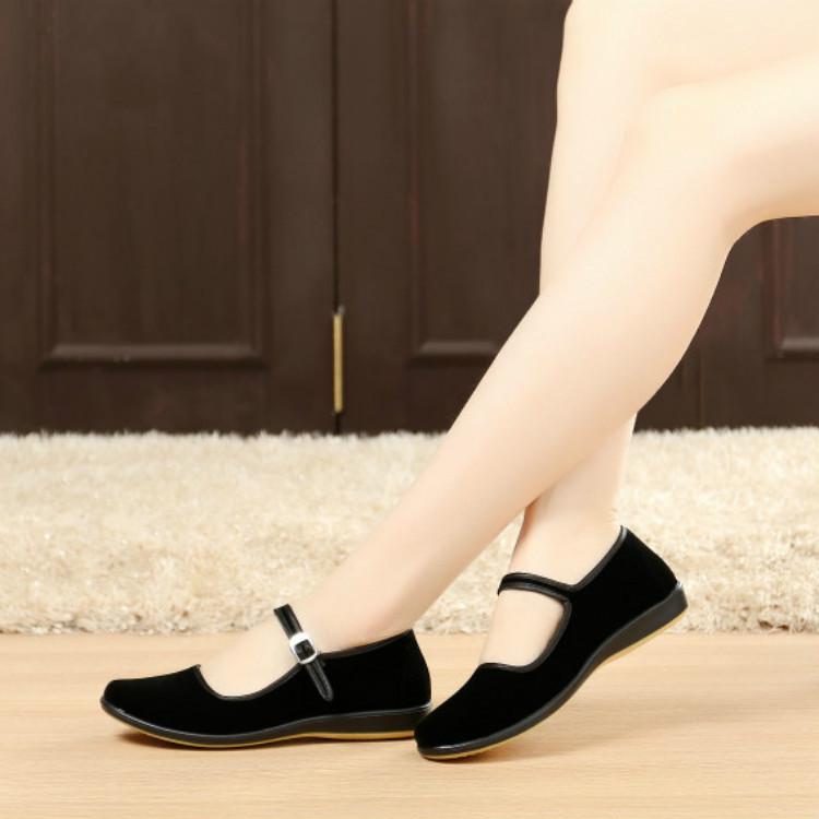 Damskie Czarne Materiałowe Buty Old Beijing - Casualowe Buty do Pracy z Podeszwą z Guma Wołowa