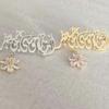 Personalized Arabic Calligraphy Brooch, Custom Logo Gold - Plated Pin with Diamond Flower Pendant, Islamic Jewelry Gift