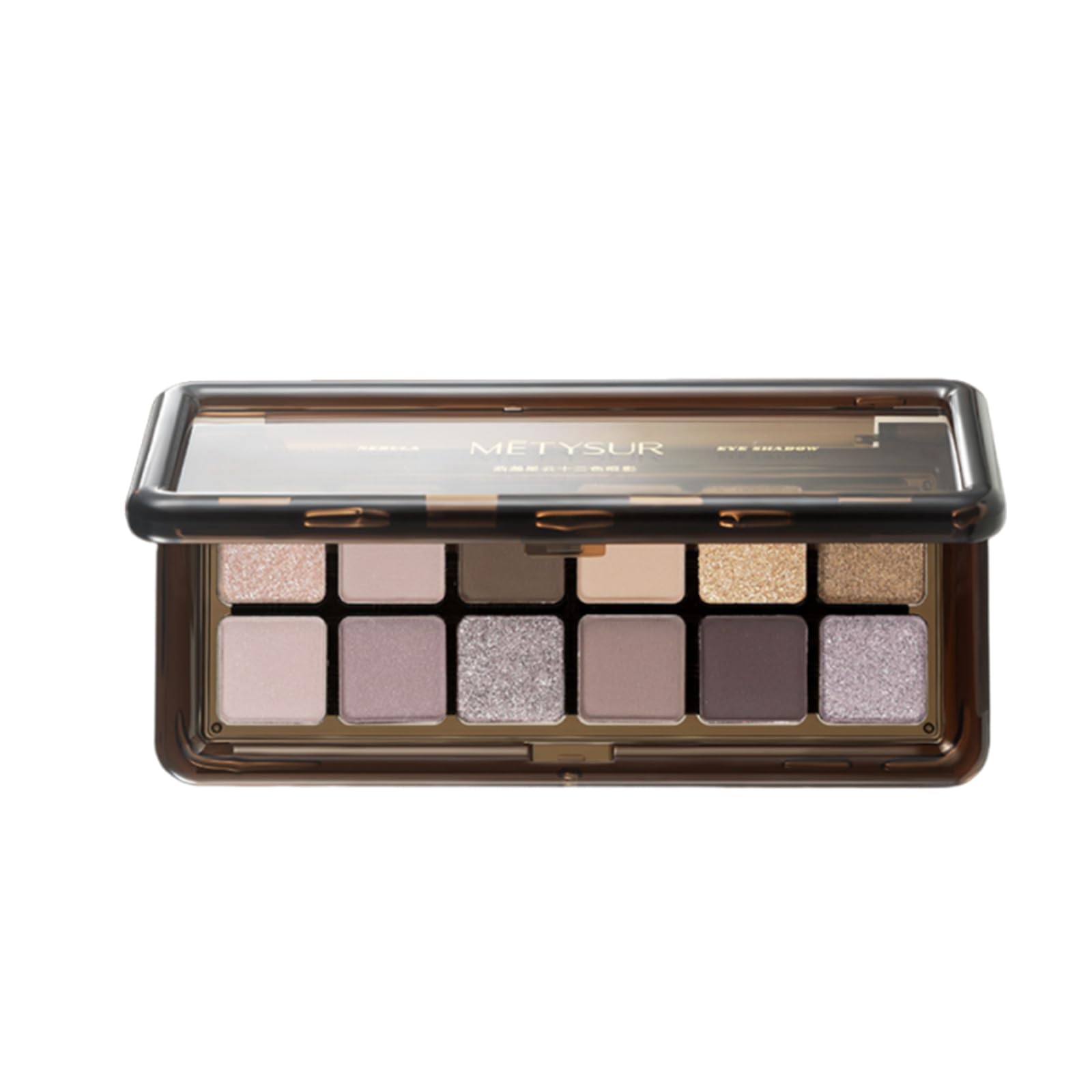 

Nebula Series 12-Color Eyeshadow Palette: Pearl, Matte, and Glitter. 12-hour color retention, high pigmentation, dimension, and long-lasting wear.