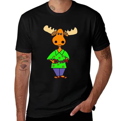 Funny Moose Playing Ukulele Music TShirt Lightweight Basic Short Sleeve Shirt