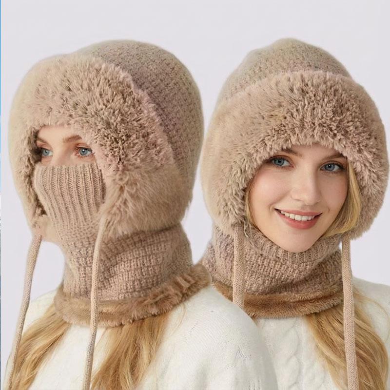 Winter Outdoor Cycling Mask Hat Scarf Integrated Set Fleece Lined Knitted Beanie for Women Cold Weather Protection