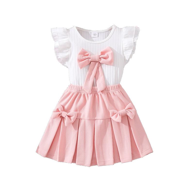 Girls' Fashion Set - Summer Children's Casual Large Bowknot Short-Sleeved Top and Half-Dress Set
