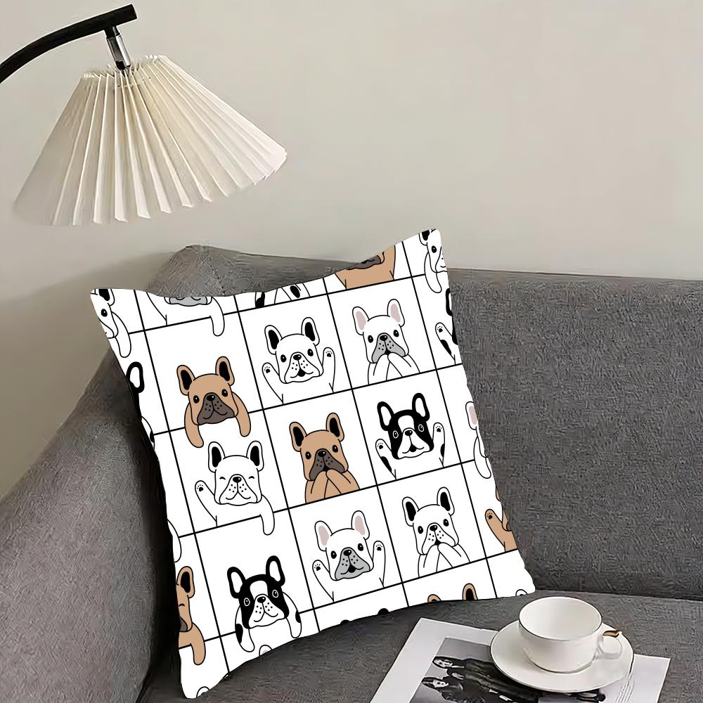 Cartoon French Bulldog Pattern Cushion Cover Reversible Plush Pillow Cover – For car, sofa, bedroom, perfect as a gift.