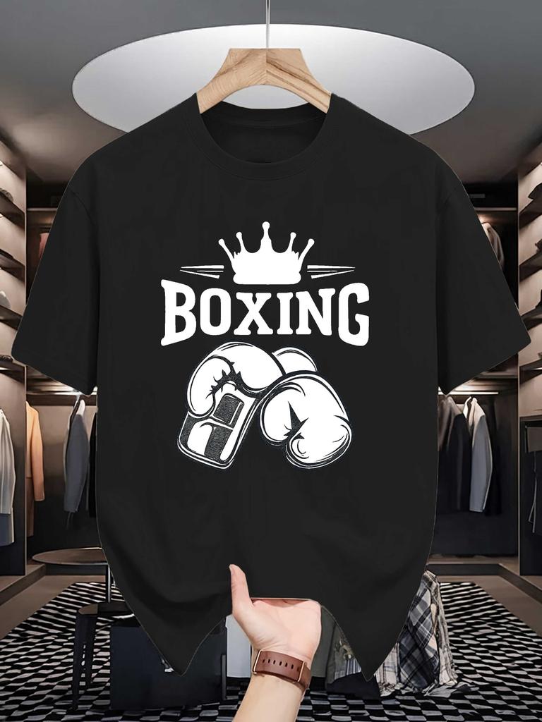 Unisex Crew Neck Short Sleeve Tee Boxing Crown Gloves Graphic Print Soft Cotton Loose Summer Casual Male Daily Streetwear Basic Top